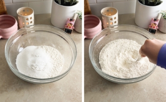Left to right: dry ingredients in a mixing bowl, stirring flour mixture in a bowl.
