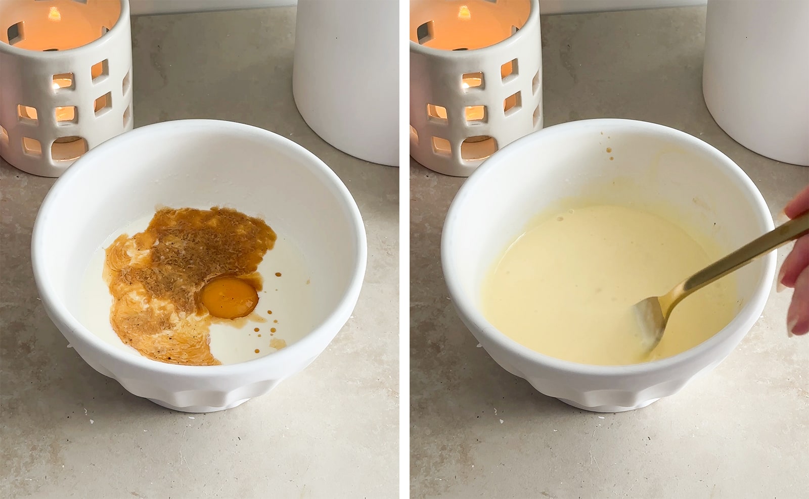 Left to right: wet ingredients in a bowl, egg mixture whisked in a bowl with a fork.