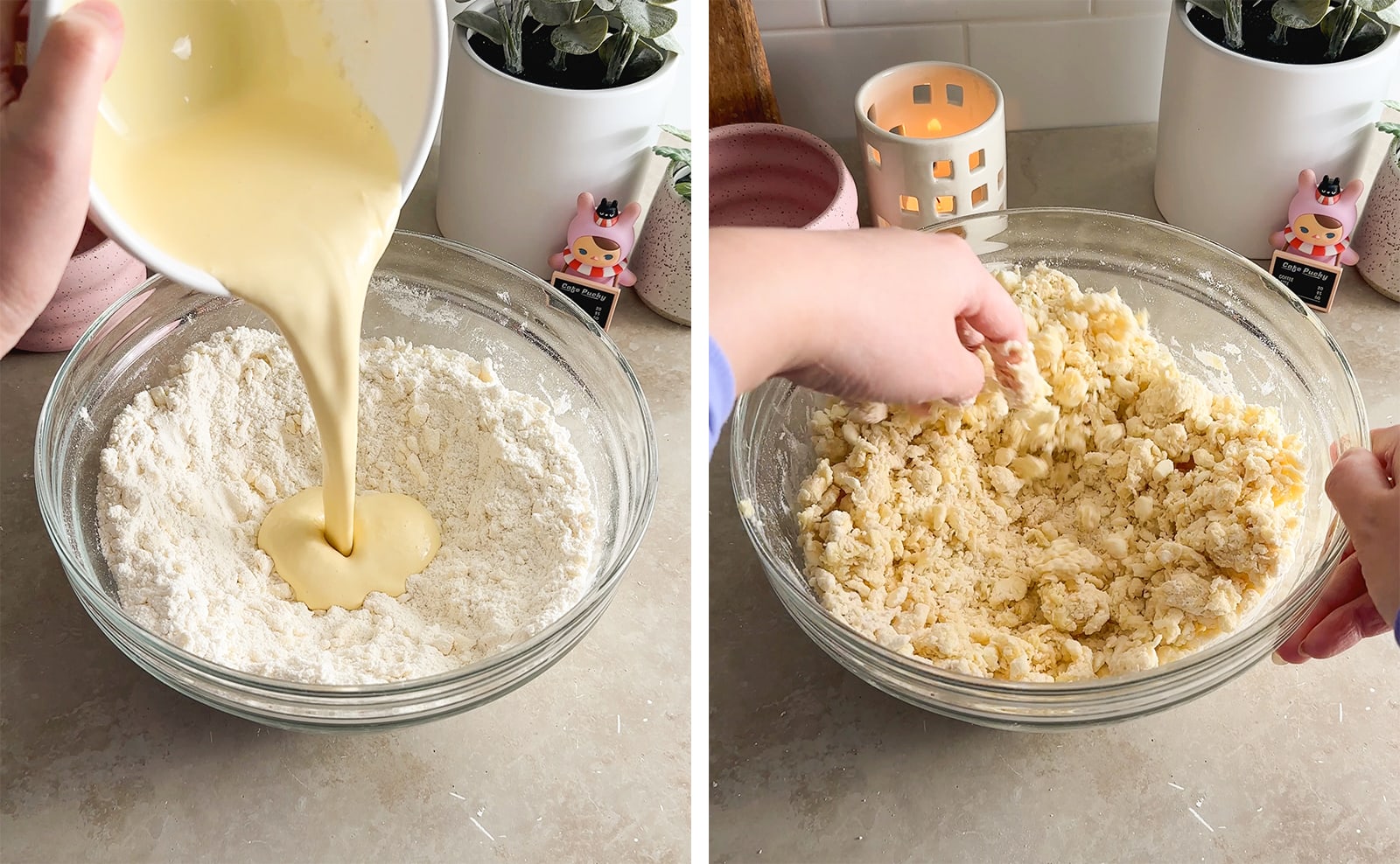 Left to right: pouring wet mixture into dry mixture, mixing scone dough in a bowl.