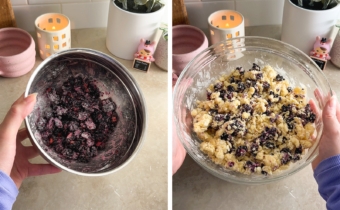 Left to right: hand holding a bowl of blackberries coated in flour, hand holding a bowl of blackberry scone dough.