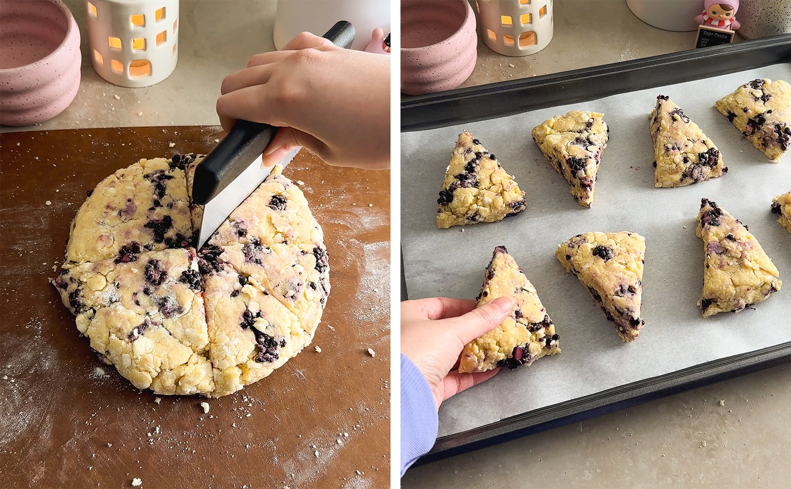 Left to right: cutting scone dough into wedges with a bench scraper, hand placing a wedge of scone dough on a baking sheet with other scones on it.