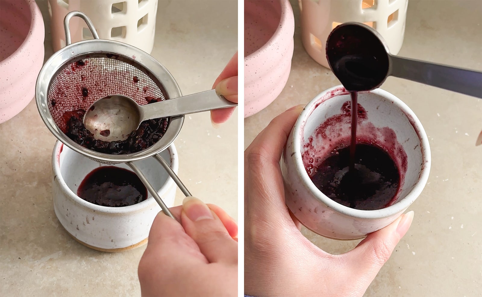 Left to right: mashing blackberries in a sieve, blackberry juice dripping from a spoon into a bowl.