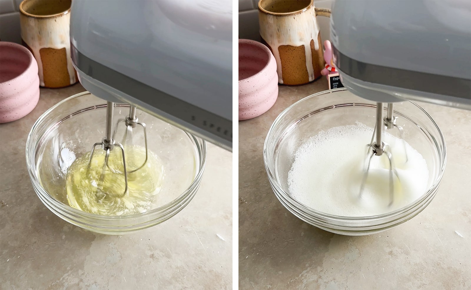 Left to right: beating egg whites in a bowl, beating foamy egg whites with a hand mixer.