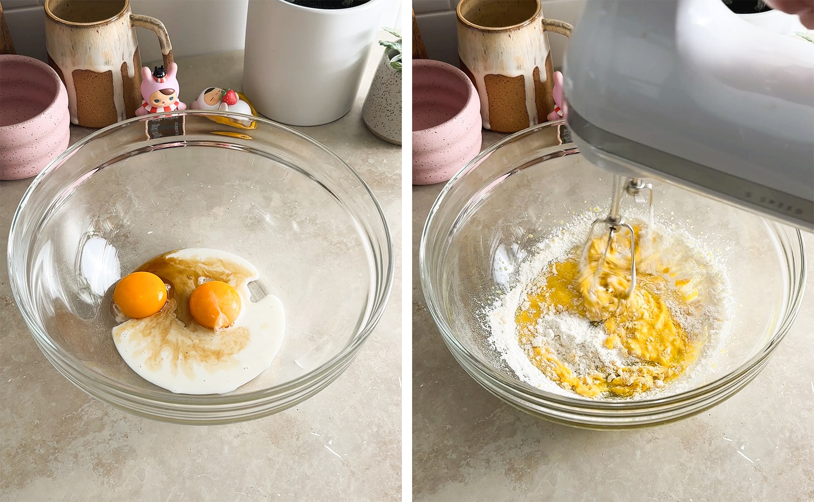 Left to right: egg yolks and wet ingredients in a mixing bowl, mixing ingredients with a hand mixer.