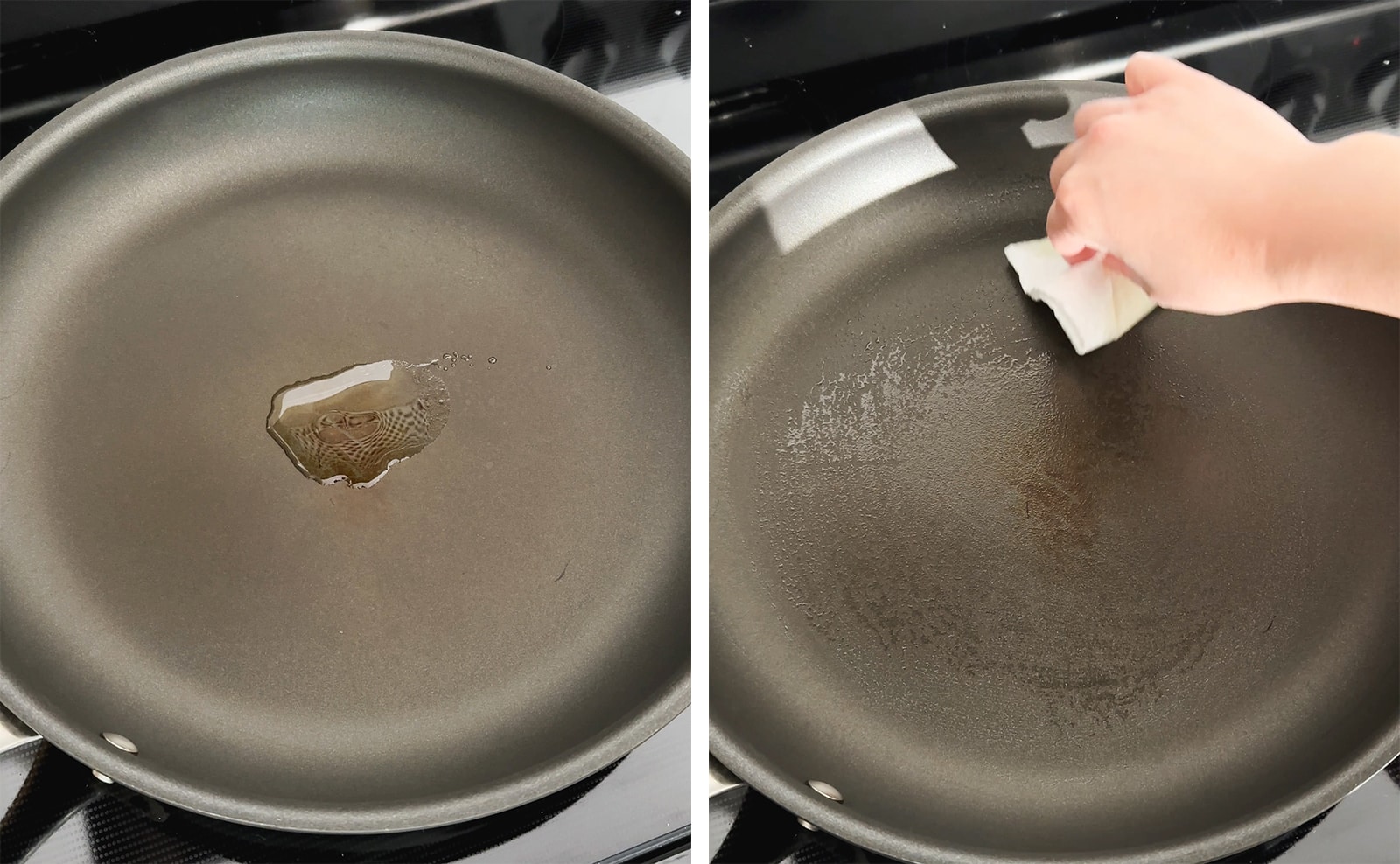 Left to right: a small amount of oil in a pan, wiping away oil in pan with a paper towel.