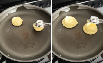 Left to right: adding scoops of pancake batter to a pan, adding more scoops of batter on top of the first scoops of batter.