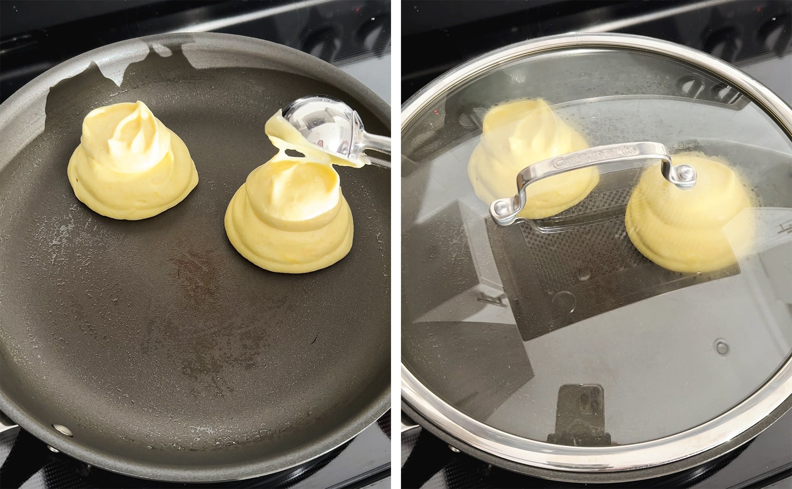 Left to right: adding another scoop of souffle pancake batter on top of a pile of batter, cooking pancakes in a pan with the lid on.