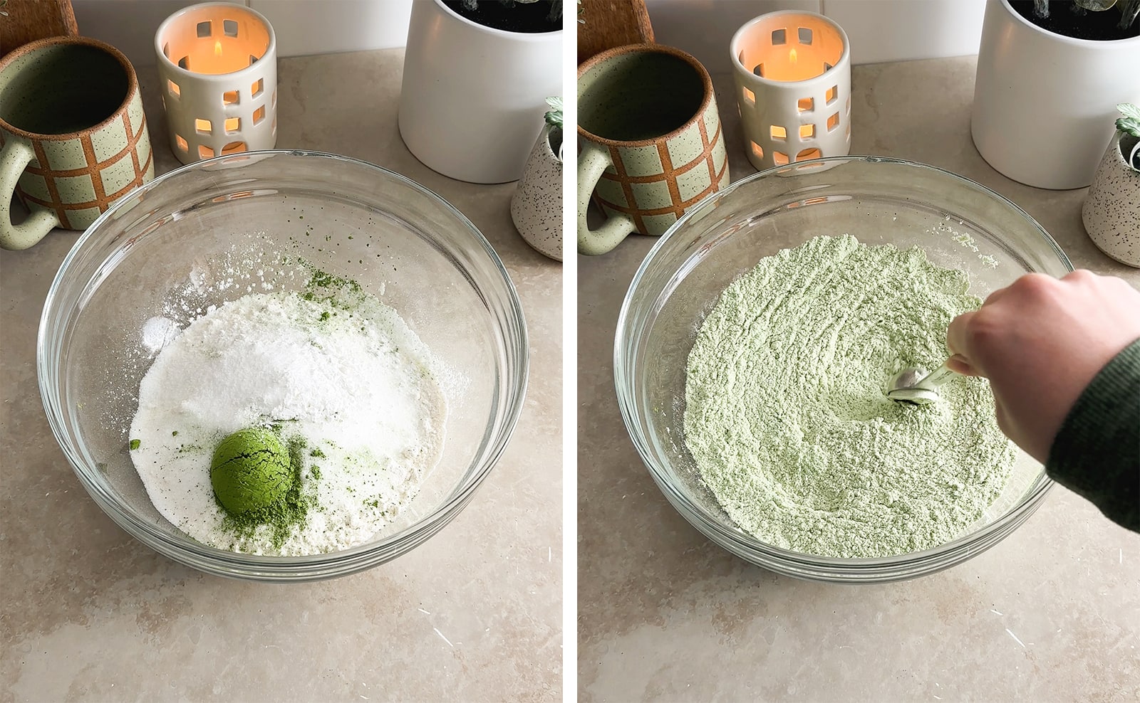 Left to right: dry ingredients in a mixing bowl, stirring flour mixture together in a bowl.