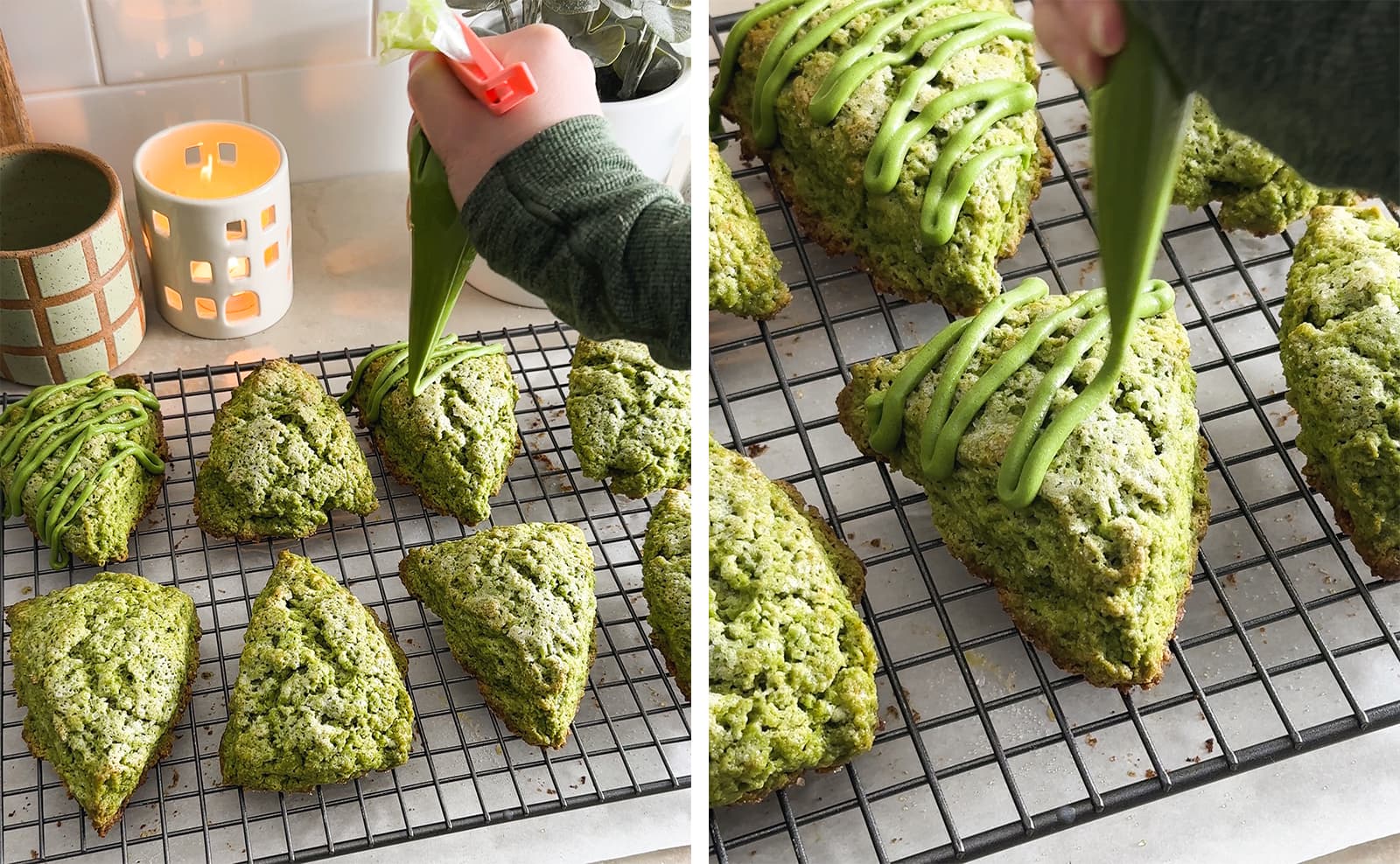 Left to right: piping icing on top of a wire rack full of matcha scones, close-up of piping a drizzle of icing on top of a baked scone.