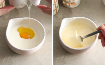 Left to right: cracking an egg into a bowl of heavy cream, whisking egg and cream together with a fork.