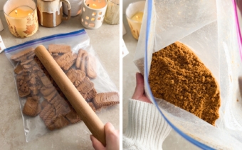 Left to right: hitting biscoff cookies in a ziploc bag with a rolling pin, hand holding a bag of crushed biscoff cookies.