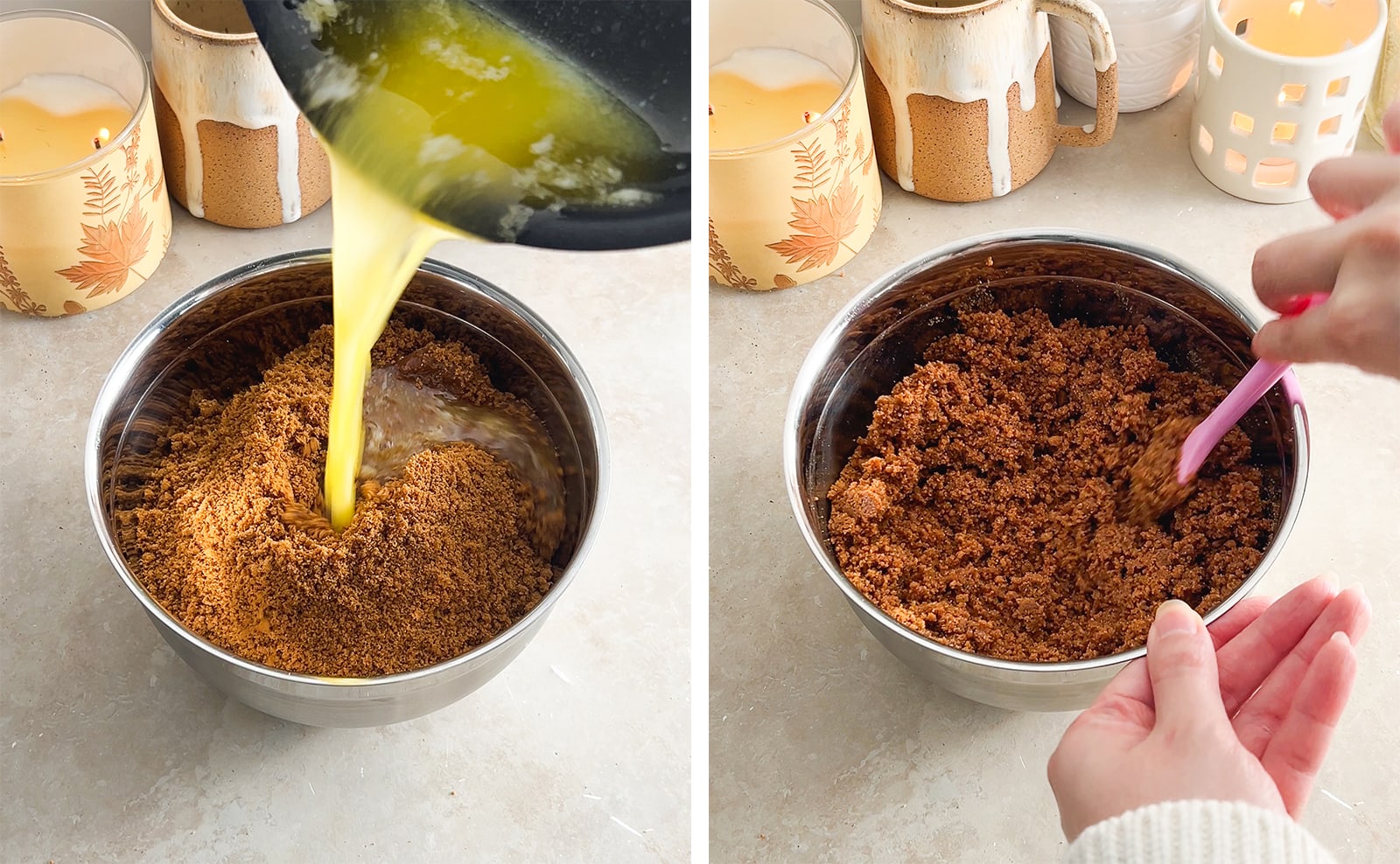 Left to right: pouring melted butter into a bowl of biscoff cookie crumbs, mixing biscoff cookie crumb mixture.