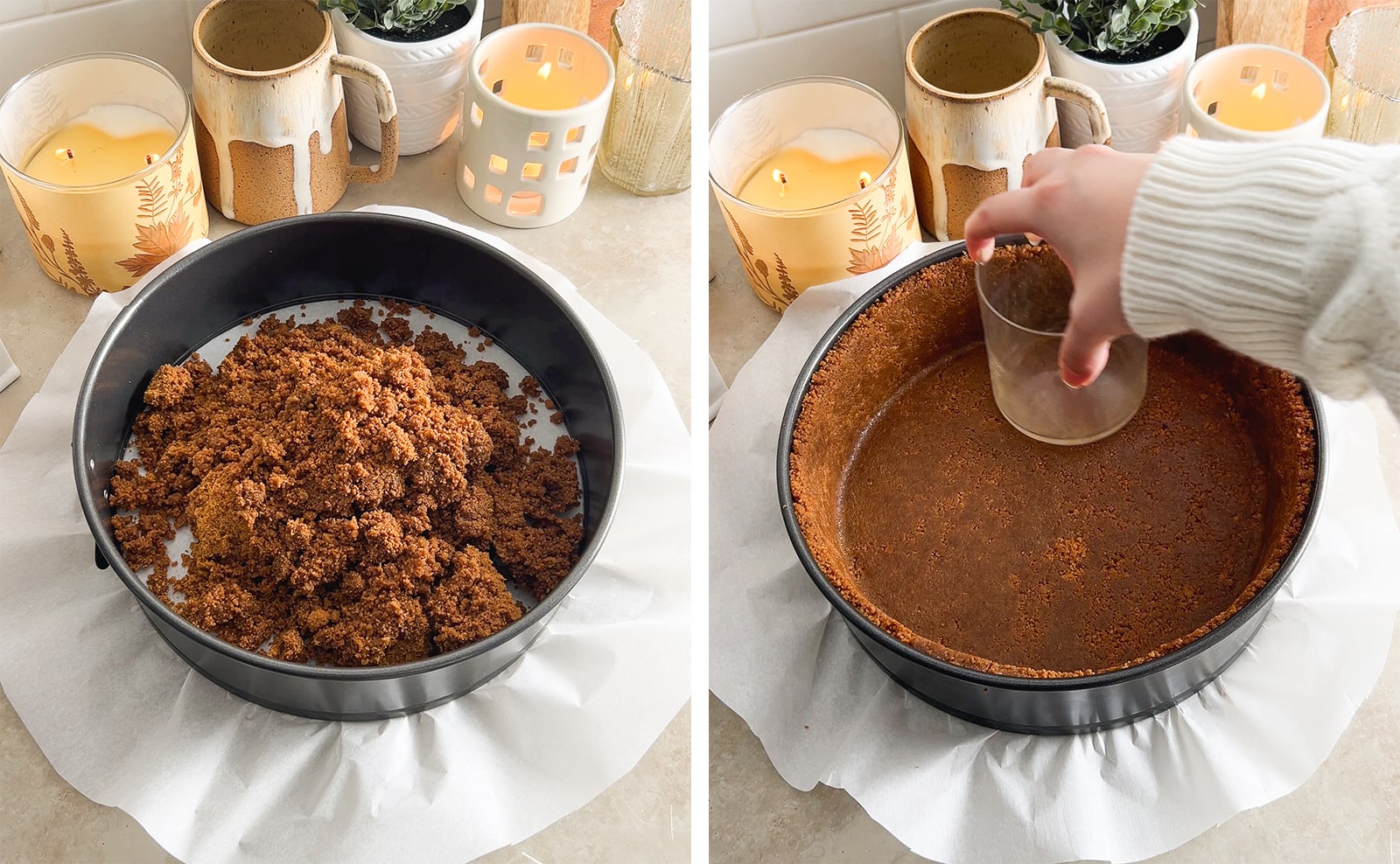 Left to right: biscoff crumb mixture in a pan, pressing biscoff crust into pan with a cup.