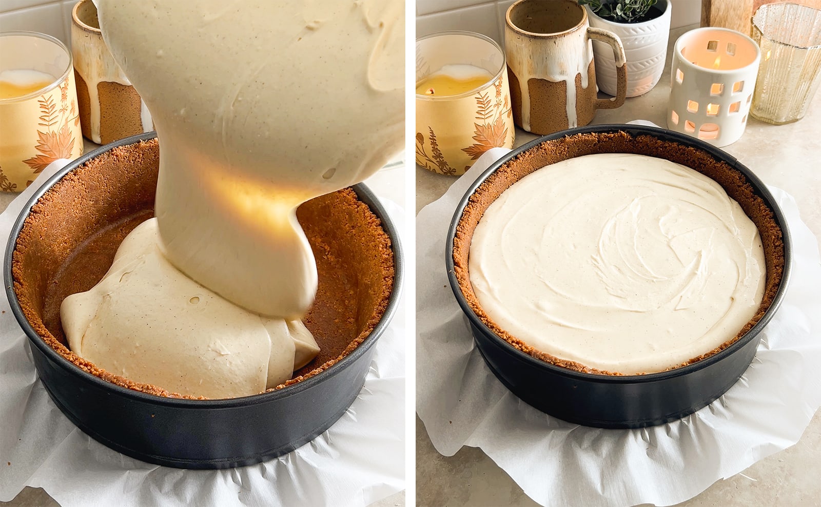 Left to right: pouring cheesecake batter into crust, pan filled with cheesecake and biscoff crust.