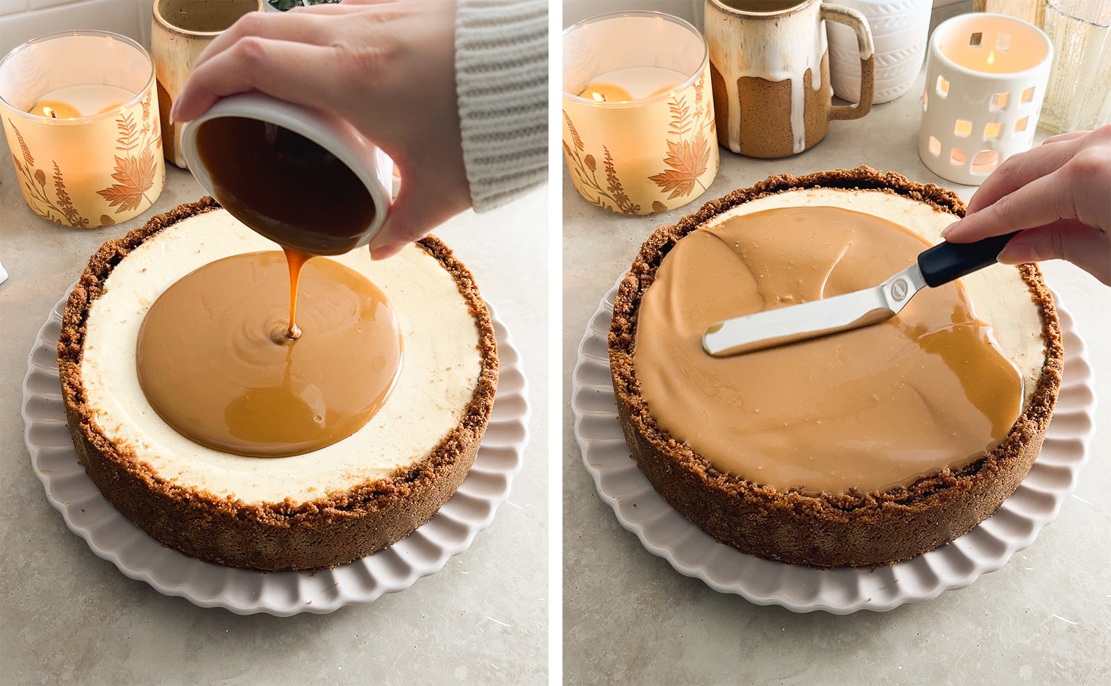 Left to right: pouring biscoff spread on top of a baked cheesecake, spreading biscoff spread on top of cheesecake.