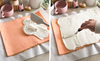 Left to right: adding whipped cream onto cake sheet with a spatula, spreading whipped cream across cake sheet with an offset spatula.