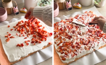 Left to right: hand sprinkling diced strawberries on top of whipped cream, pressing strawberries into whipped cream layer with a spatula.