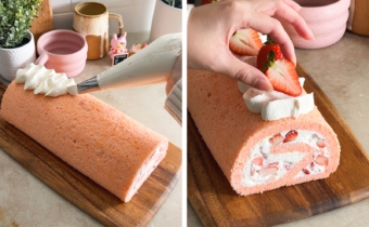 Left to right: piping whipped cream on top of a swiss roll cake, hand placing a strawberry onto of a swiss roll.