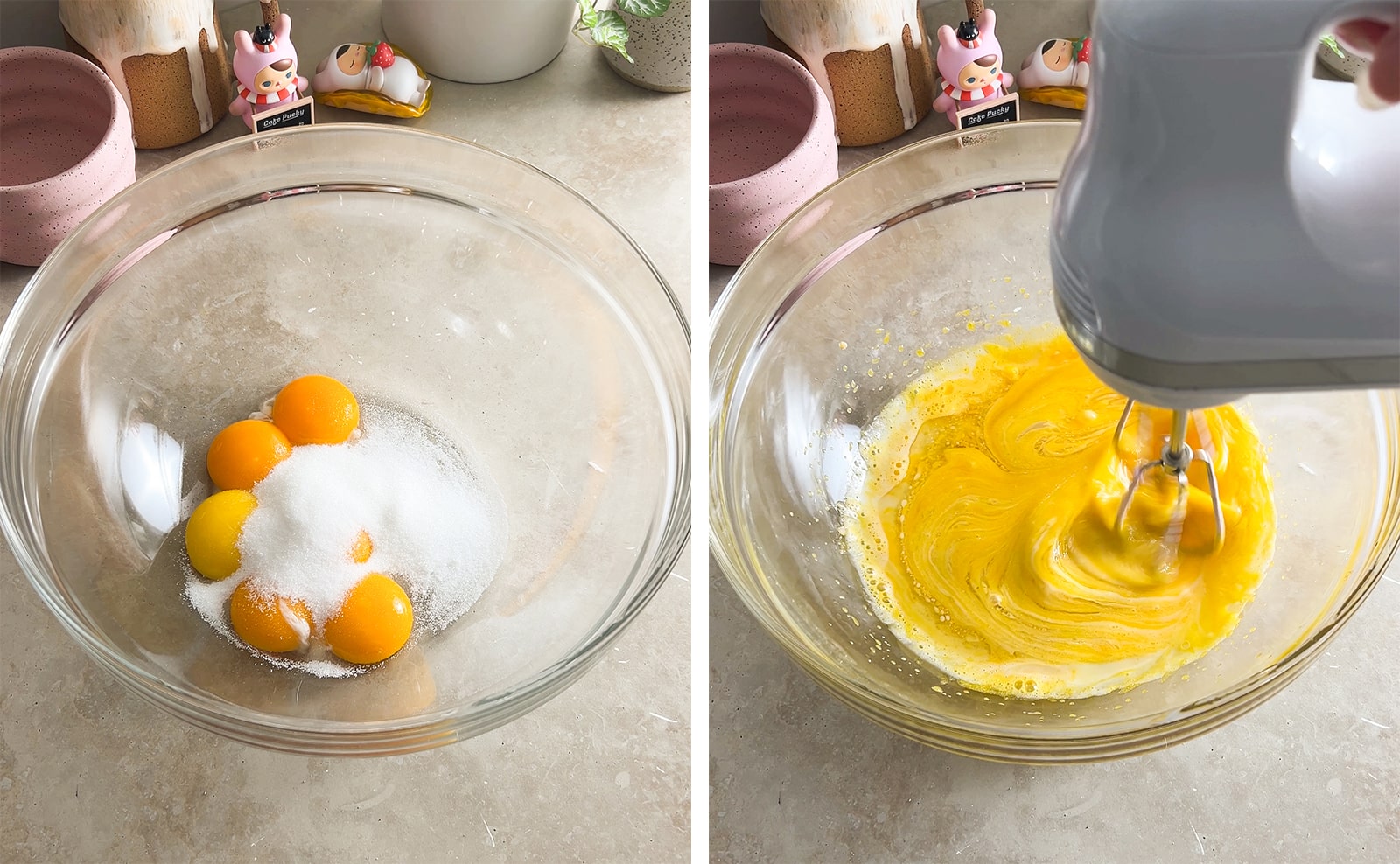 Left to right: egg yolks and sugar in a mixing bowl, mixing egg yolk mixture with a hand mixer.