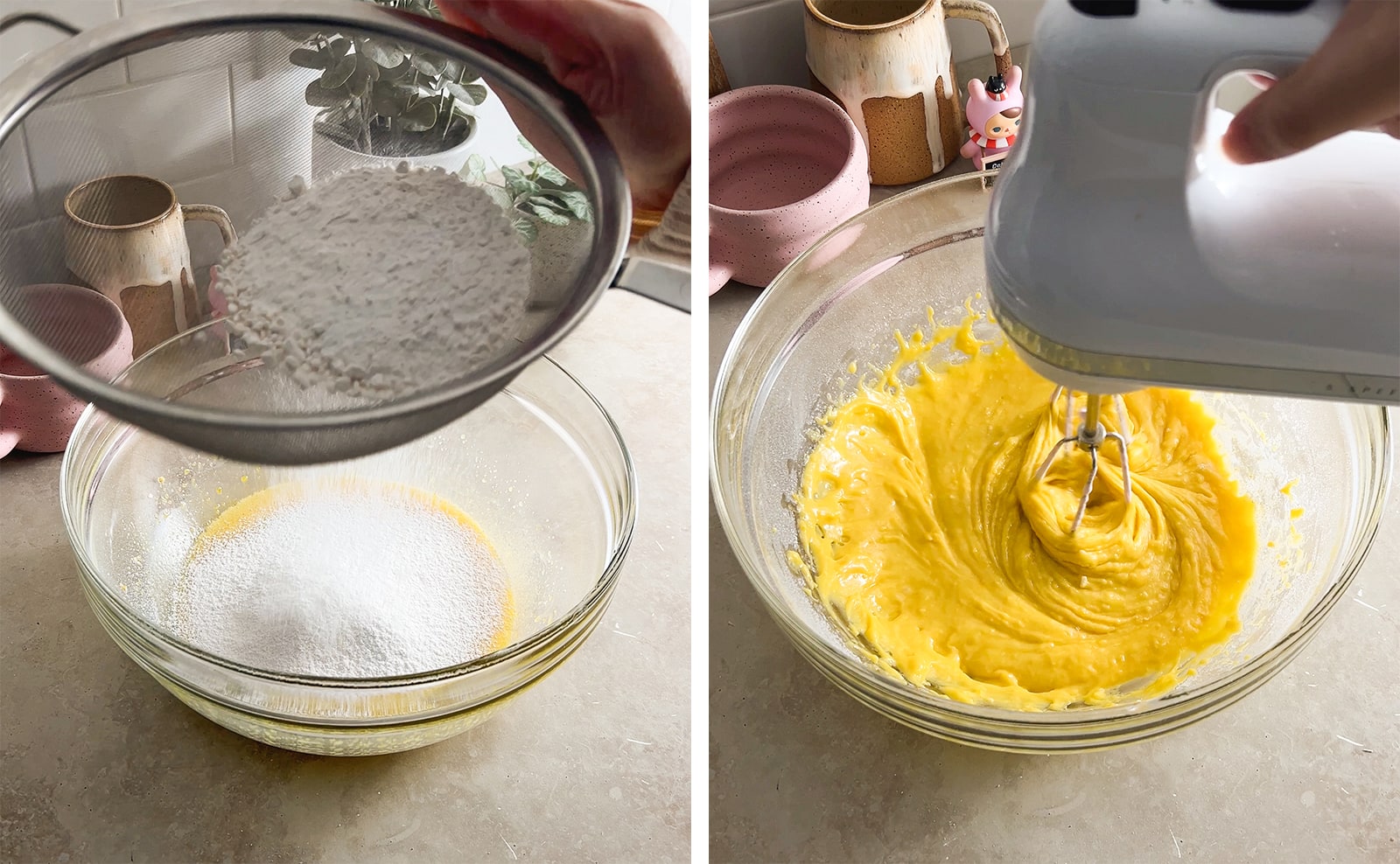 Left to right: sifting flour into egg yolk mixture, mixing flour into egg yolk mixture with a hand mixer.