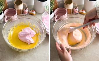 Left to right: a dollop of meringue in a bowl of egg yolk mixture, folding meringue and egg yolk mixture together with a spatula.