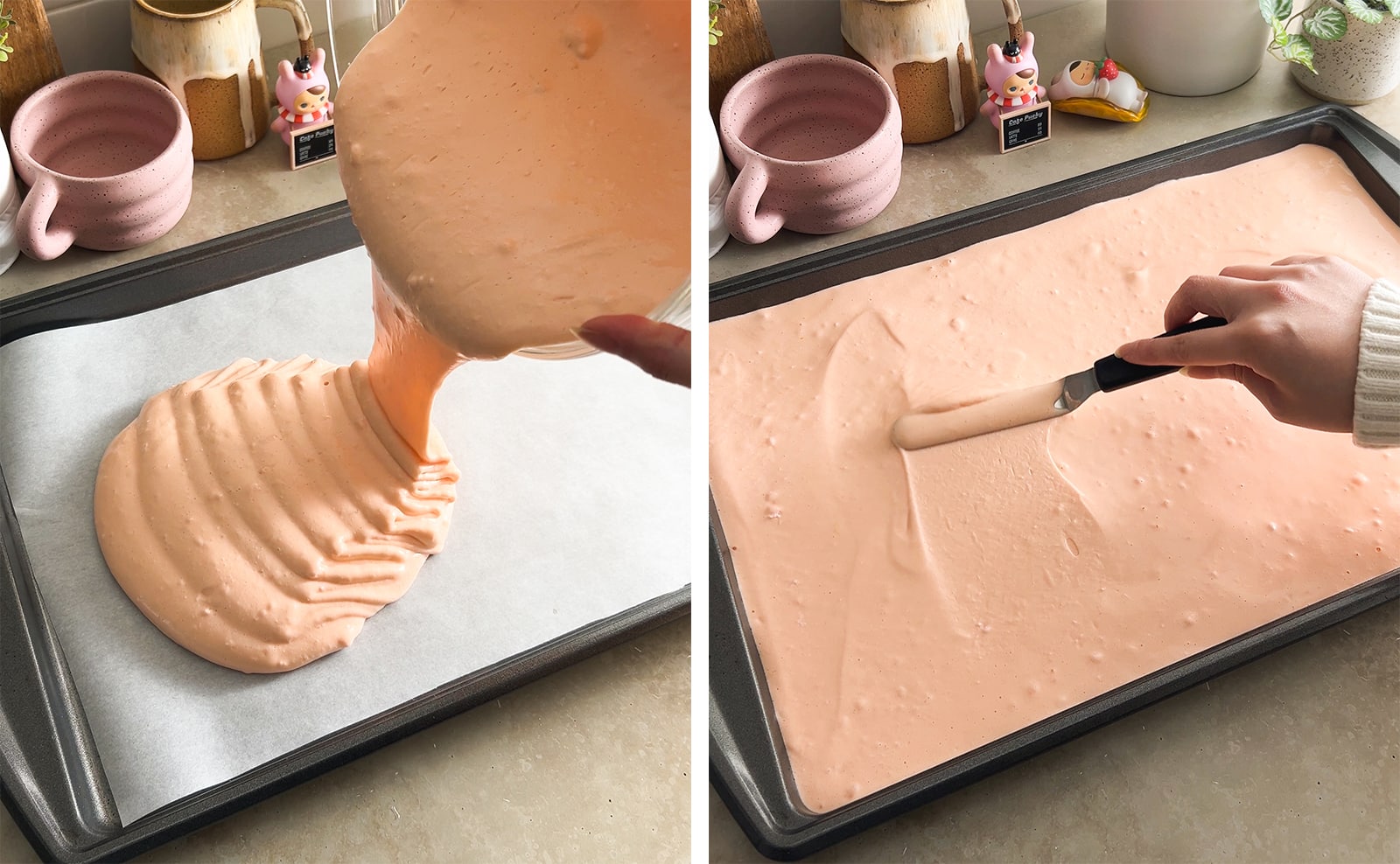 Left to right: pouring chiffon cake batter into a baking tray, smoothing cake batter into a baking tray with an offset spatula.