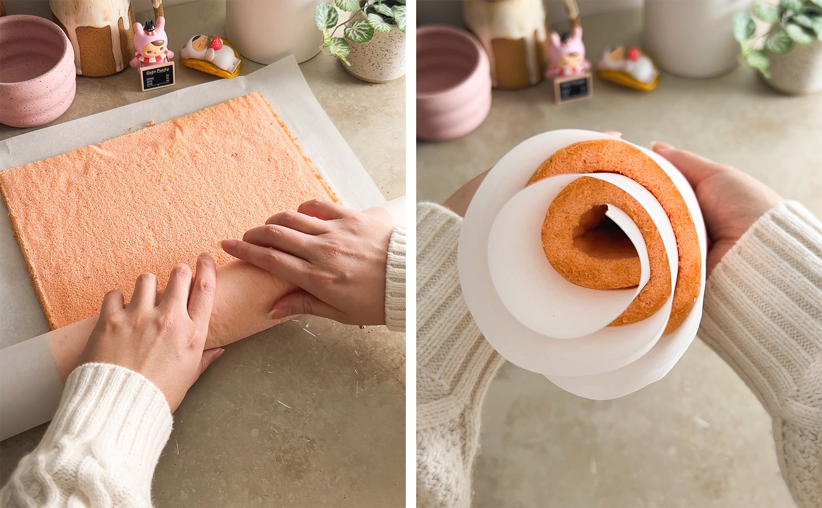 Left to right: hands rolling a cake sheet up, hands holding up rolled-up cake to show the side view.