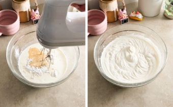 Left to right: whipping cream and ingredients in a bowl with a hand mixer, a bowl of whipped cream with firm peaks.