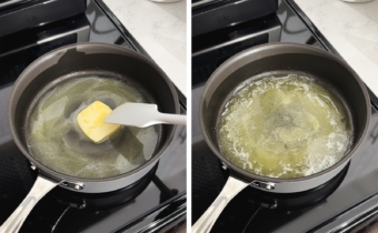 Left to right: a square of butter melting in a pan, melted butter in a pan.