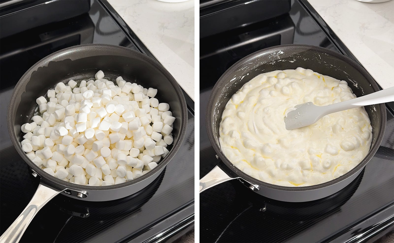 Left to right: mini marshmallows in a pan, melted marshmallows in a pan.