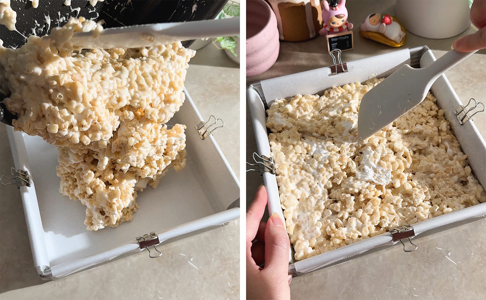 Left to right: transferring rice krispie mixture into a square pan, pressing rice krispie mixture into a pan with a spatula.