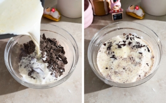 Left to right: pouring hot cream into a bowl of chopped chocolate, chocolate submerged in cream in a bowl.