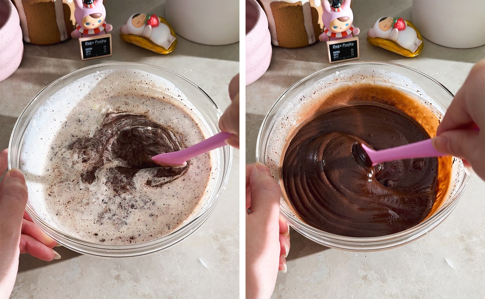 Left to right: stirring chocolate and cream together with a spatula, stirring chocolate ganache with a spatula.