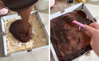 Left to right: pouring chocolate ganache on top of a pan of rice krispie treats, spreading ganache into a flat layer with a spatula.