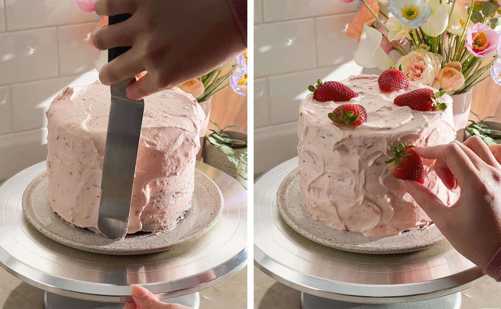Left to right: spreading frosting on a cake with a spatula, hand placing a strawberry on the side of a cake.