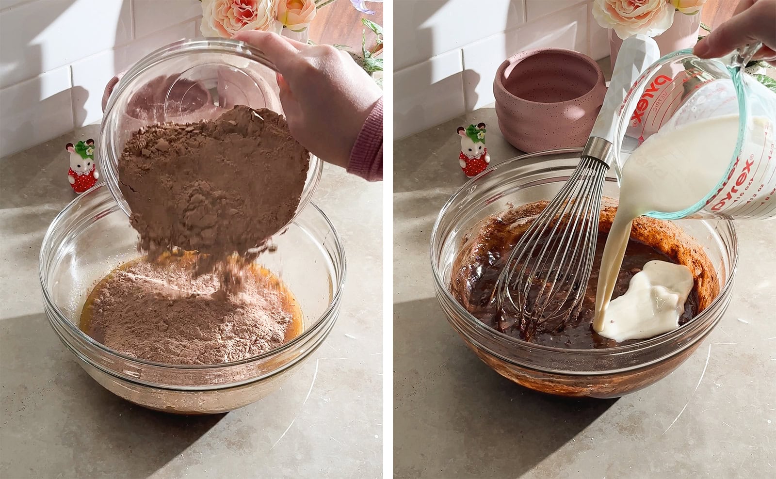 Left to right: pouring flour mixture into a mixing bowl of wet ingredients, pouring milk into a mixing bowl of chocolate cake batter.