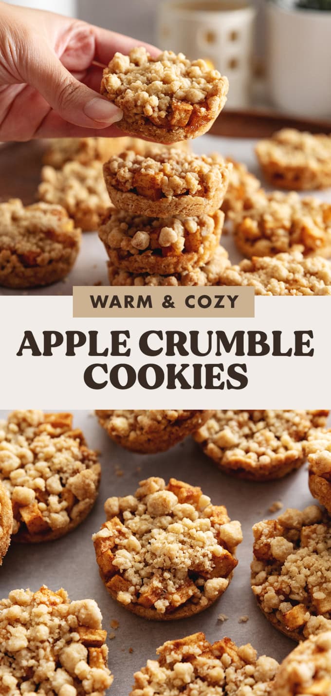 Two images of apple crumble cookies with a text overlay that reads "warm and cozy apple crumble cookies".