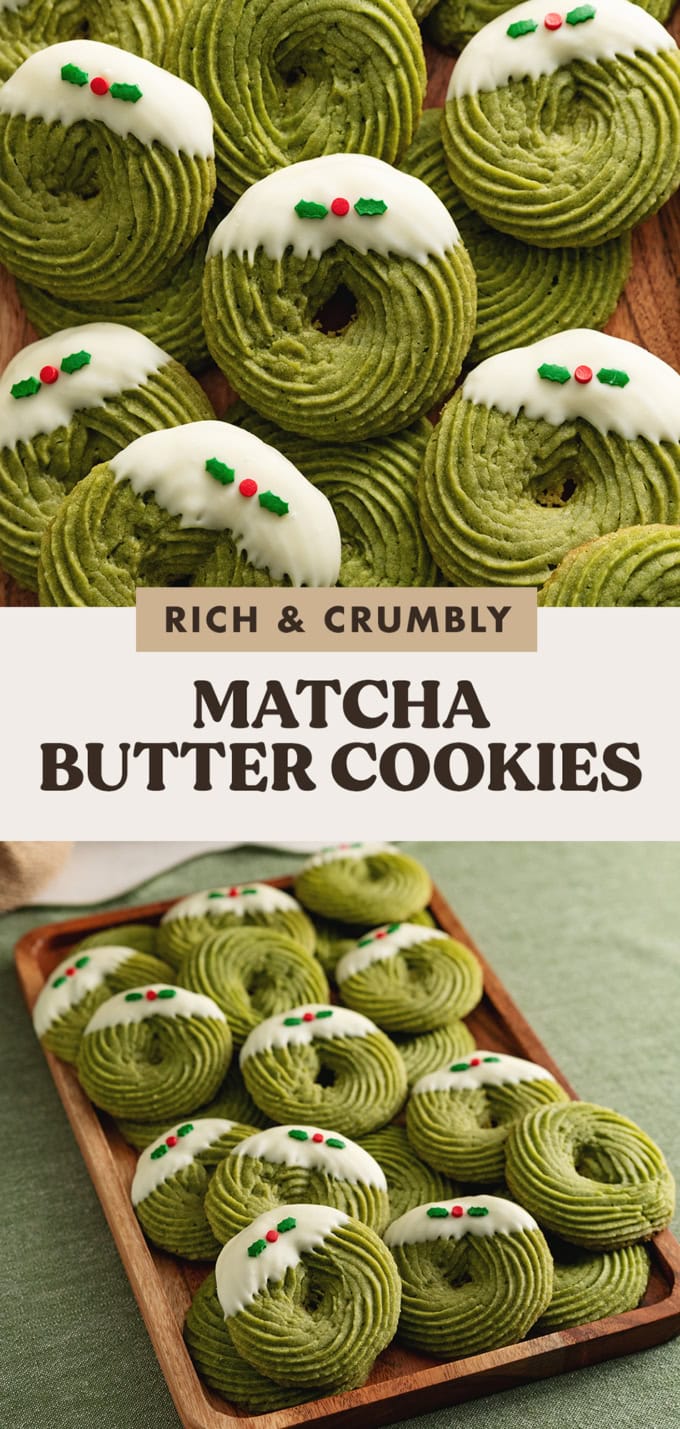 Two images of matcha butter cookies with a text overlay that reads "rich and crumbly matcha butter cookies".