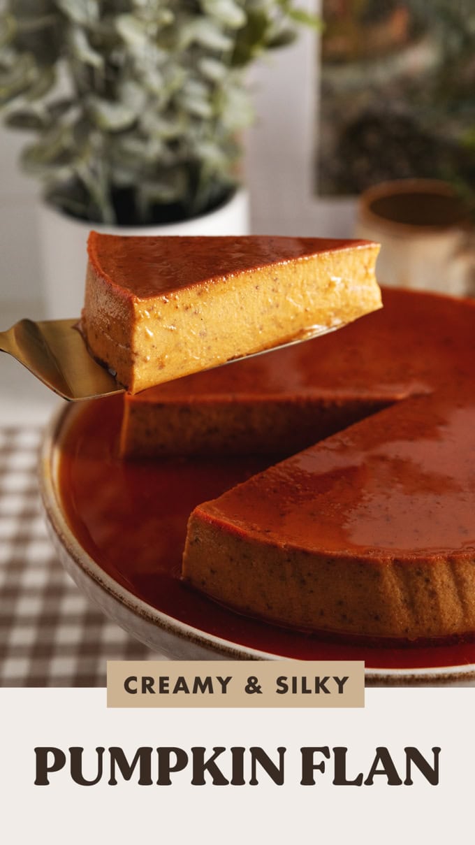A slice of pumpkin flan being lifted with a cake server above the rest of the flan.