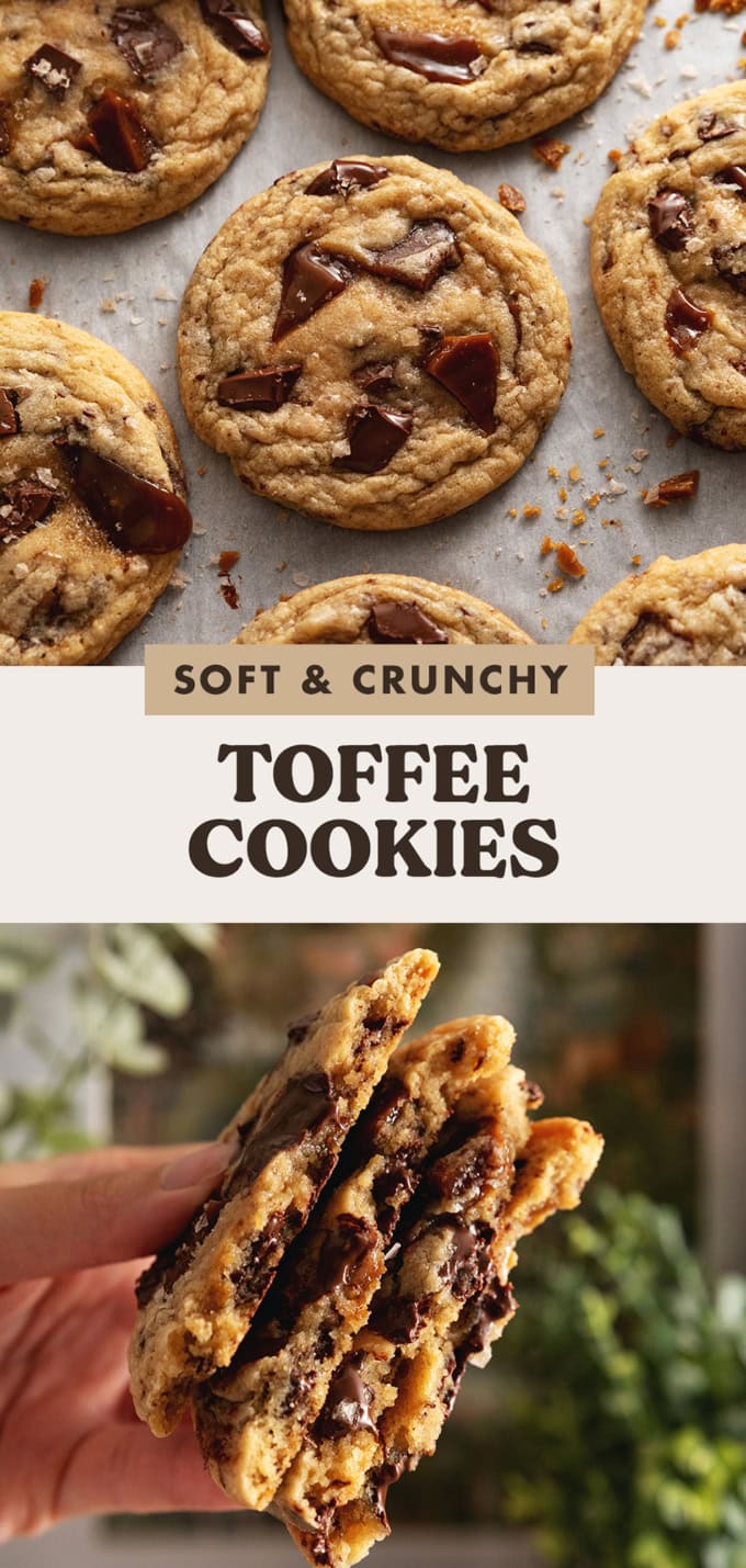 Two images of toffee cookies with a text overlay that reads "soft and crunchy toffee cookies".