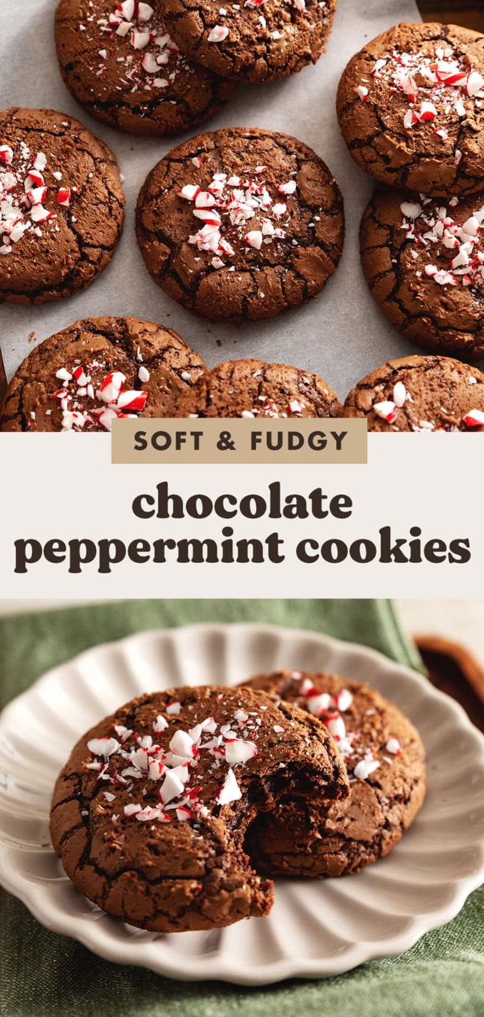 Two images of cookies with a text overlay that says "soft and fudgy chocolate peppermint cookies".