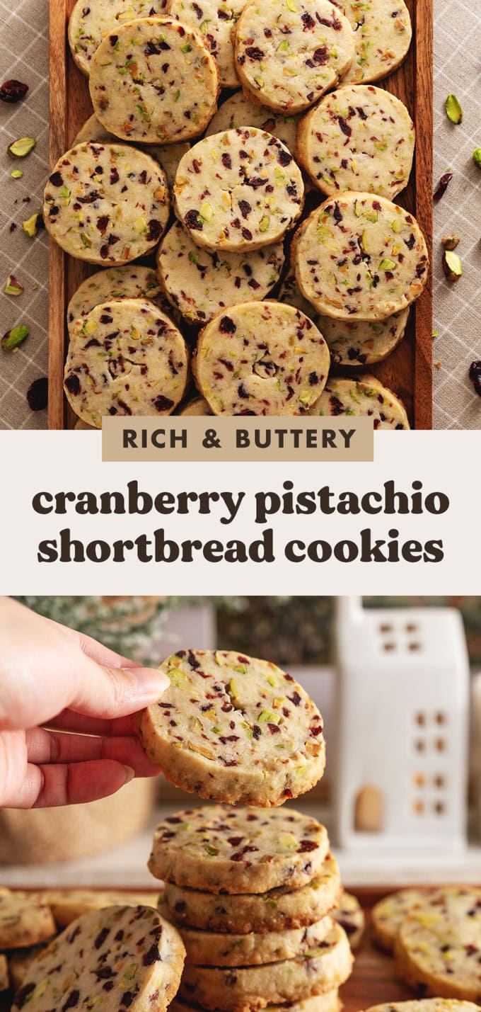 Two images of cookies with a text overlay that says "rich and buttery cranberry pistachio shortbread cookies".