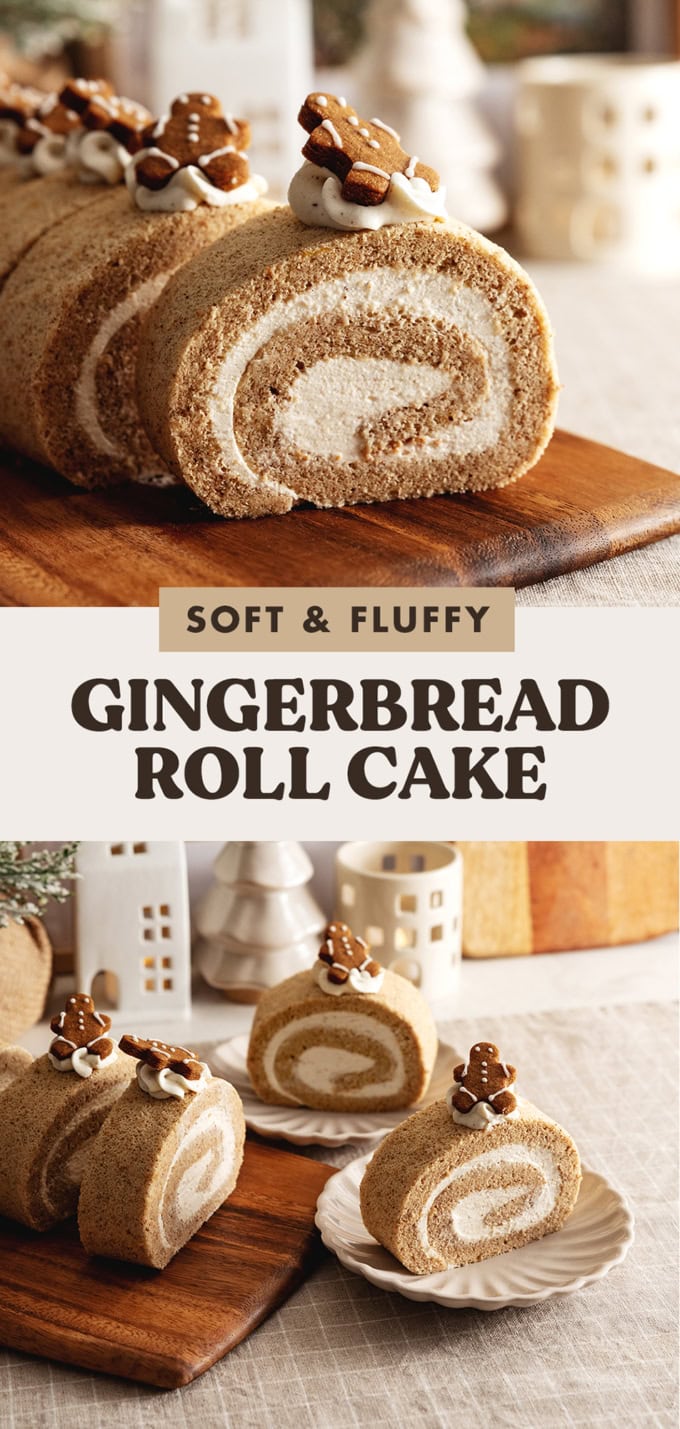 Two images of roll cakes with a text overlay that says "soft and fluffy gingerbread roll cake".