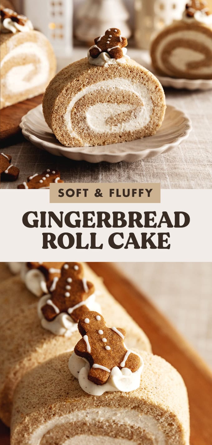Two images of roll cakes with a text overlay that says "soft and fluffy gingerbread roll cake".