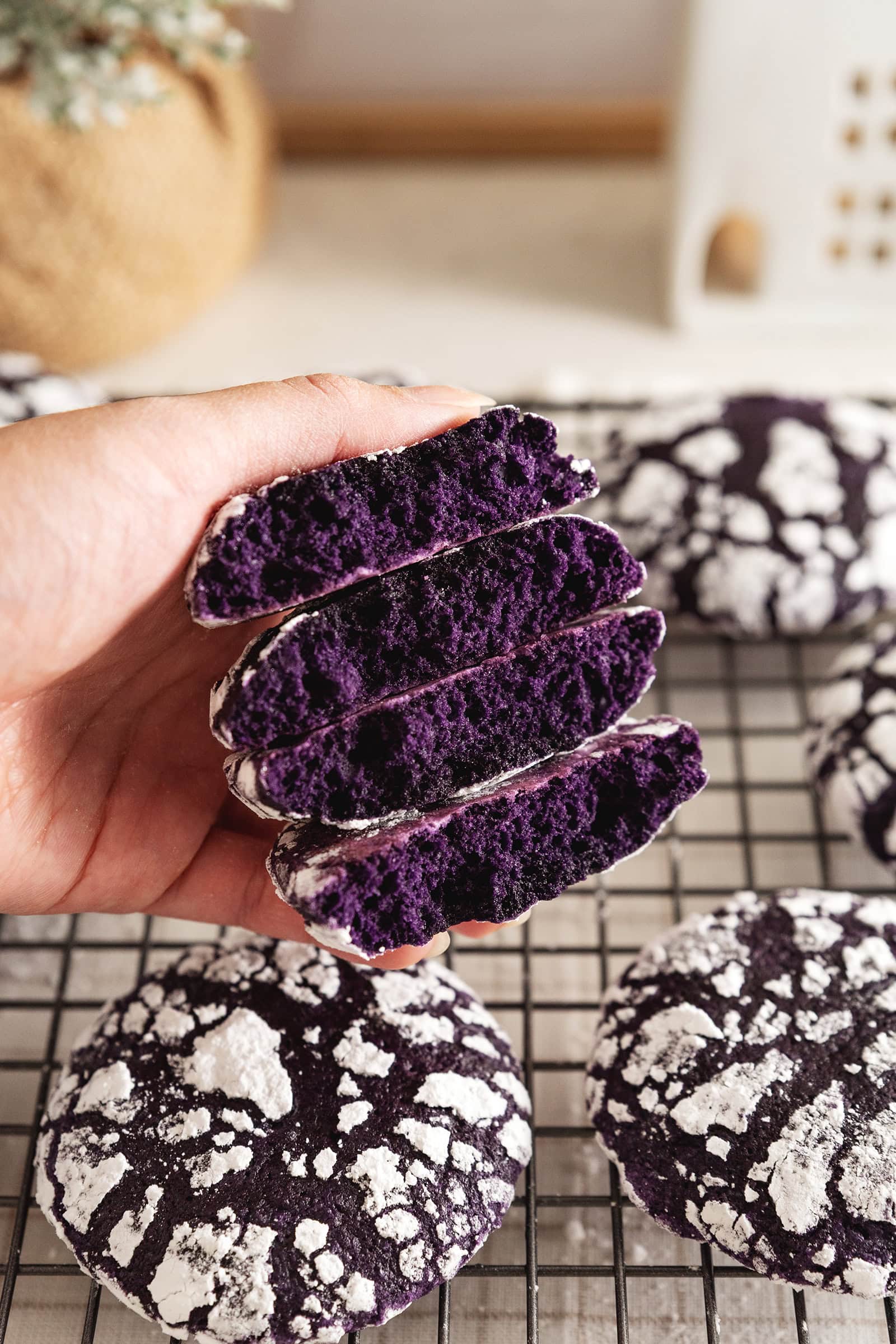 Hand holding four ube crinkle cookies cut in half to show the purple colour and texture inside.