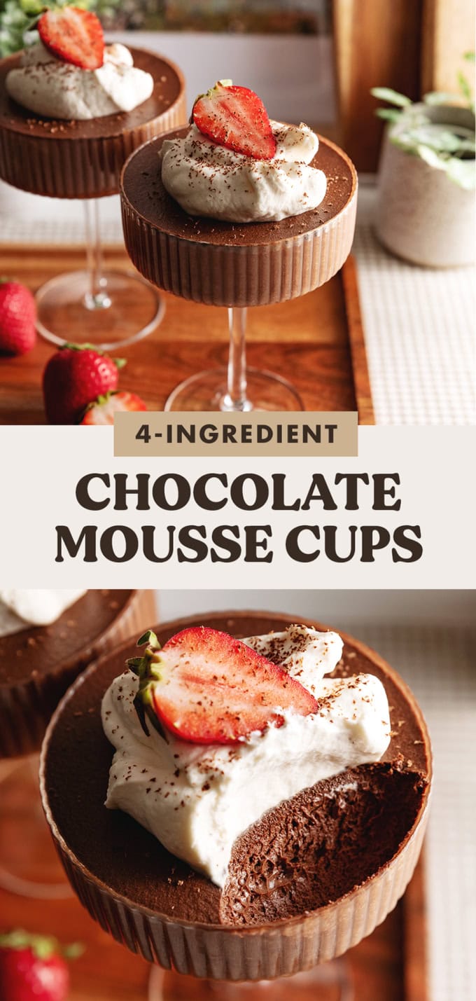 Two images of chocolate mousse cups with a text overlay that says "4-ingredient chocolate mousse cups".