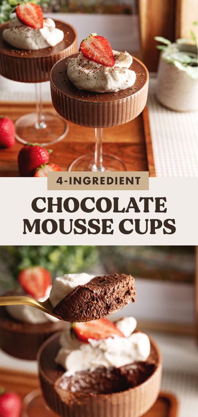 Two images of chocolate mousse cups with a text overlay that says "4-ingredient chocolate mousse cups".