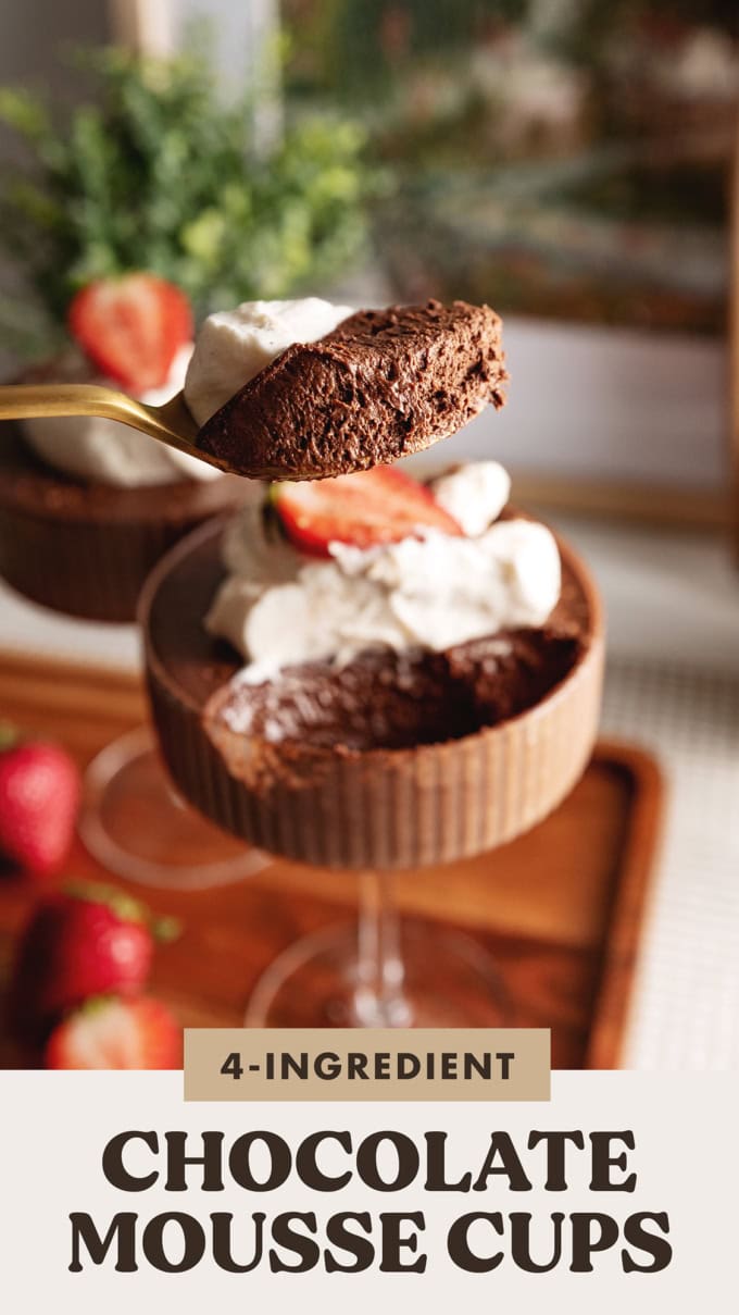 A spoonful of chocolate mousse held above the rest of the glass.