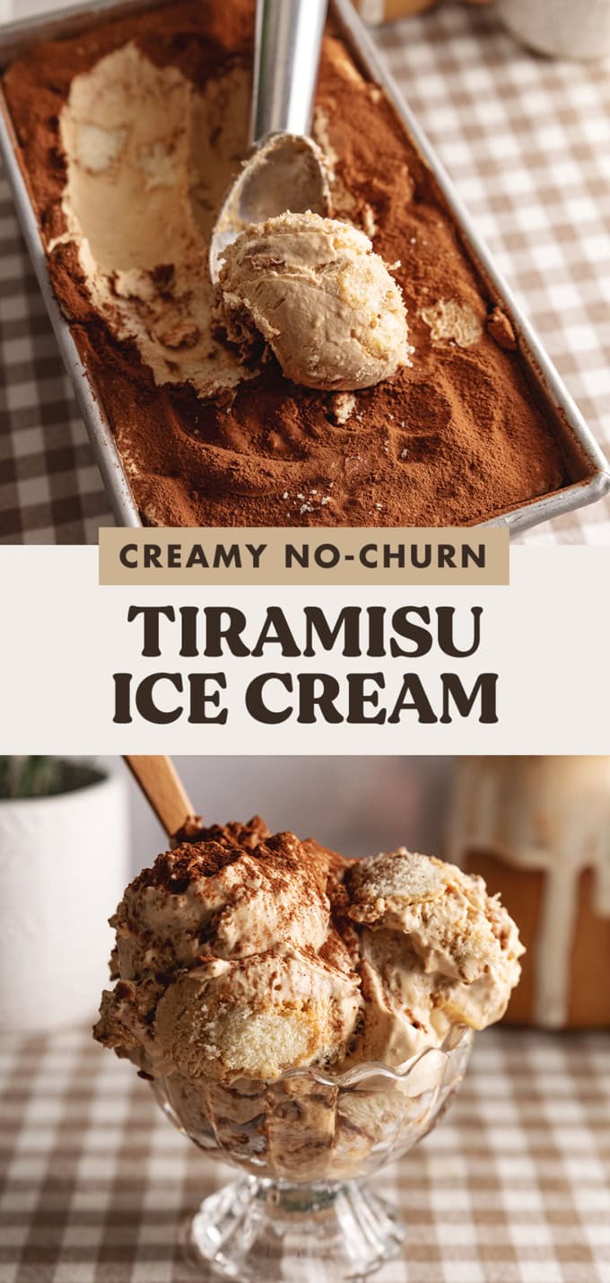 Two images of tiramisu ice cream with a text overlay that says "cream no-churn tiramisu ice cream".