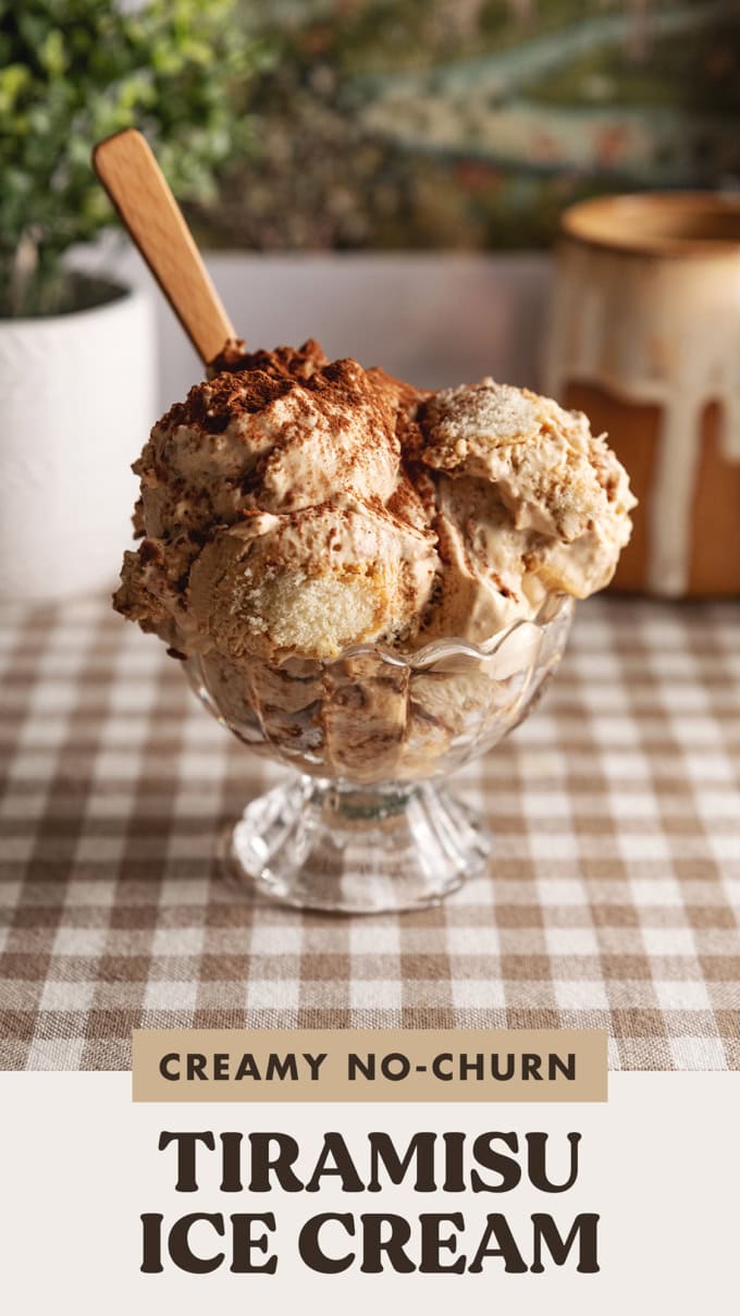 Several scoops of tiramisu ice cream in a glass bowl with a wooden spoon sticking out with a text overlay that says "creamy no-churn tiramisu ice cream".